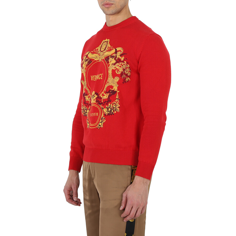 Shop Versace Red Intarsia Knit Jacqurd Sweater