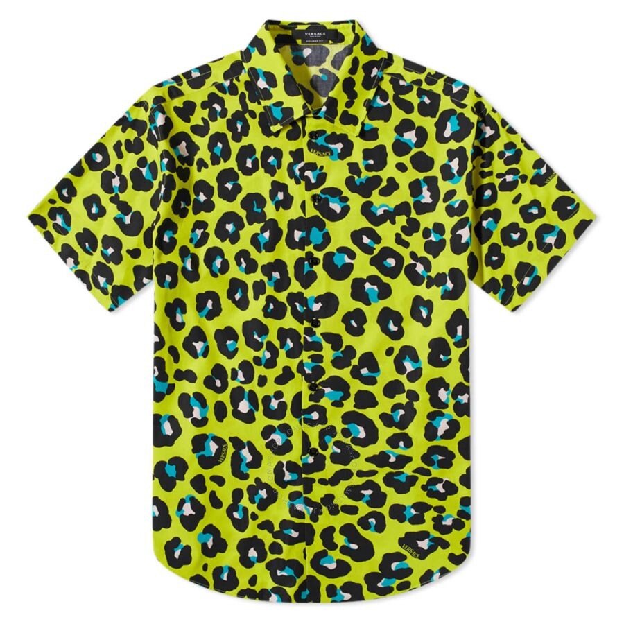 Versace Informal Shirt Tessuto Popeline Cotone Stampa Leopard Allover In Green