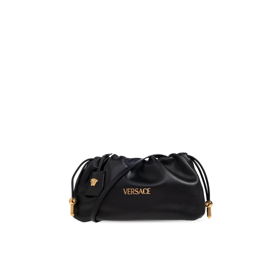 Versace Small Tag Drawstring Clutch Bag In Black