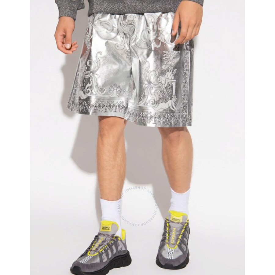 Versace Men's Silver Baroque Print Silk Twill Shorts In Silver Tone/black