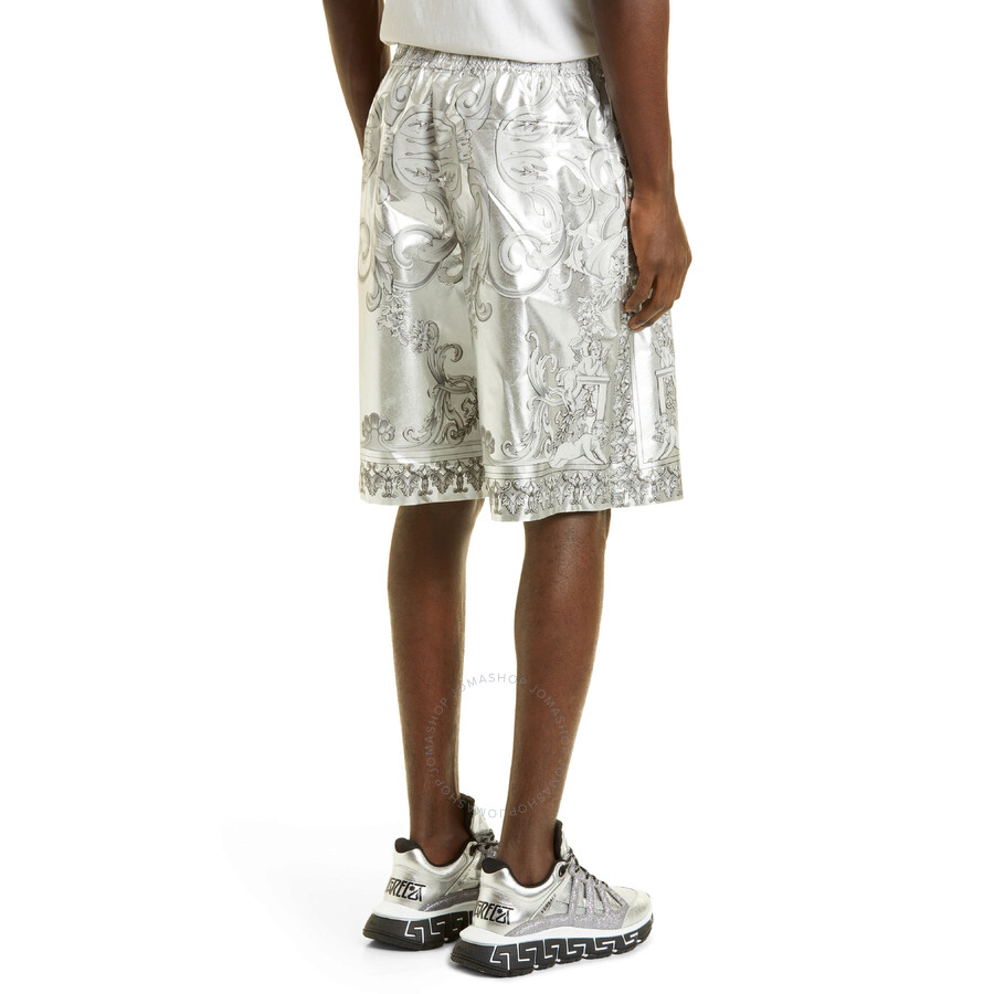 Versace Men's Silver Baroque Print Silk Twill Shorts In Silver Tone/black