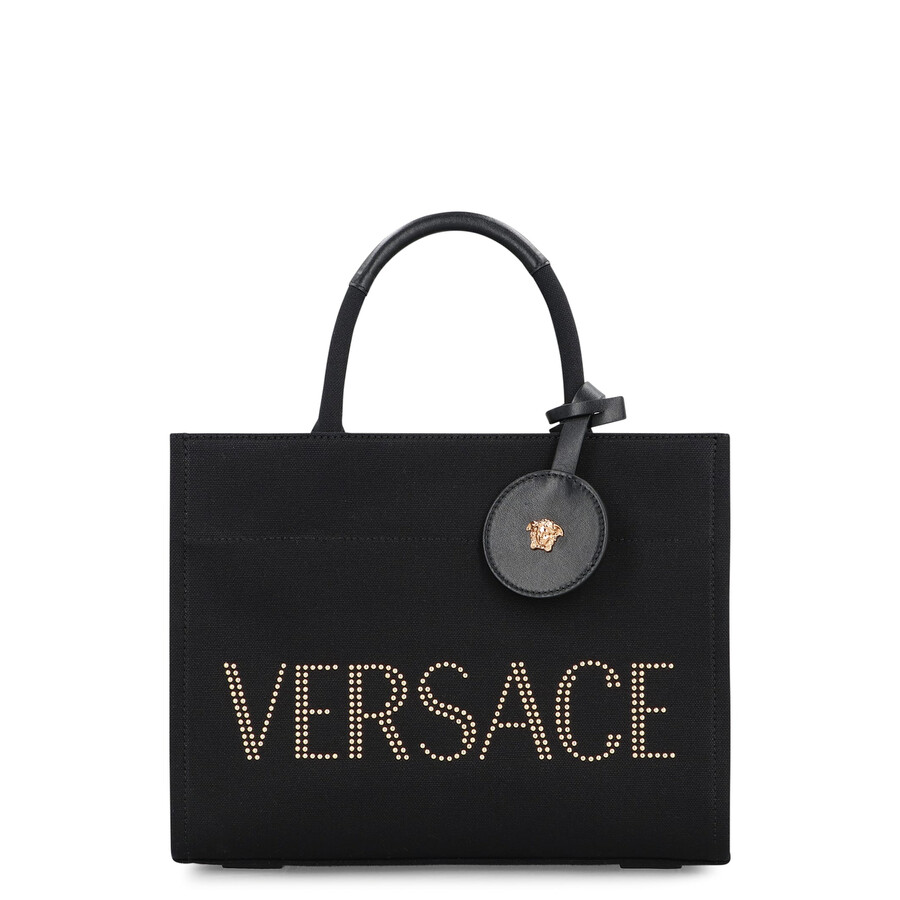 Versace Studded Logo Canvas Tote Bag In Black