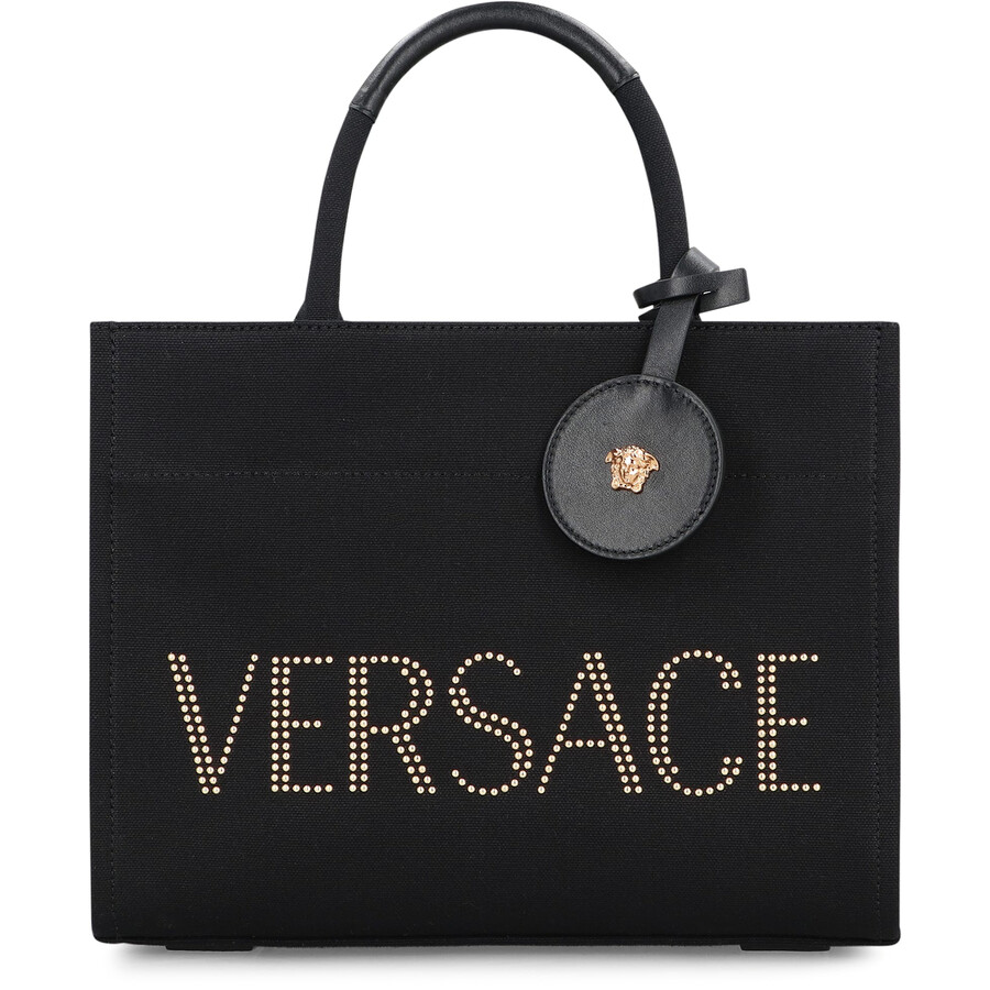 Versace Studded Logo Canvas Tote Bag In Black