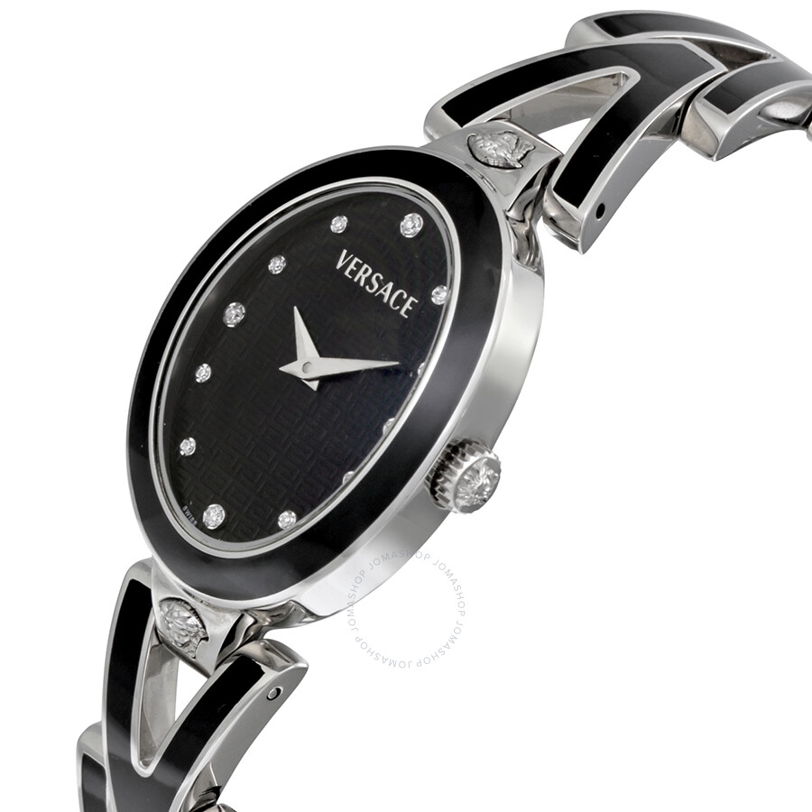 Versace VGlam Black Diamond Dial Steel and Black Enamel Ladies Watch