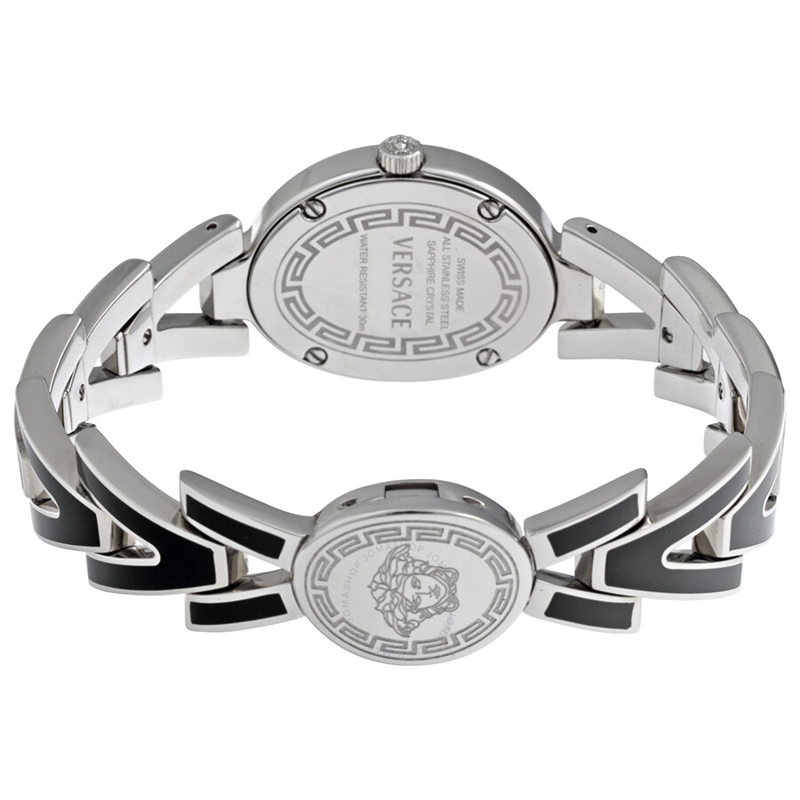 Versace VGlam Black Diamond Dial Steel and Black Enamel Ladies Watch