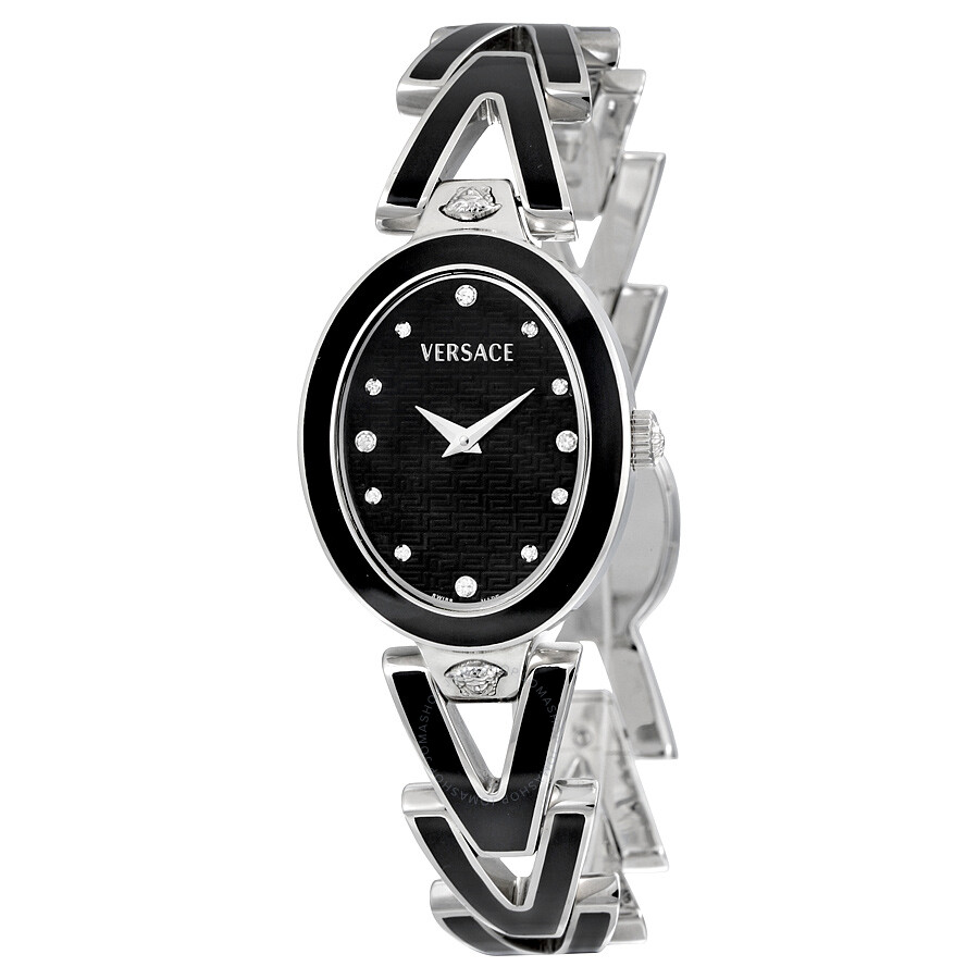 Versace VGlam Black Diamond Dial Steel and Black Enamel Ladies Watch