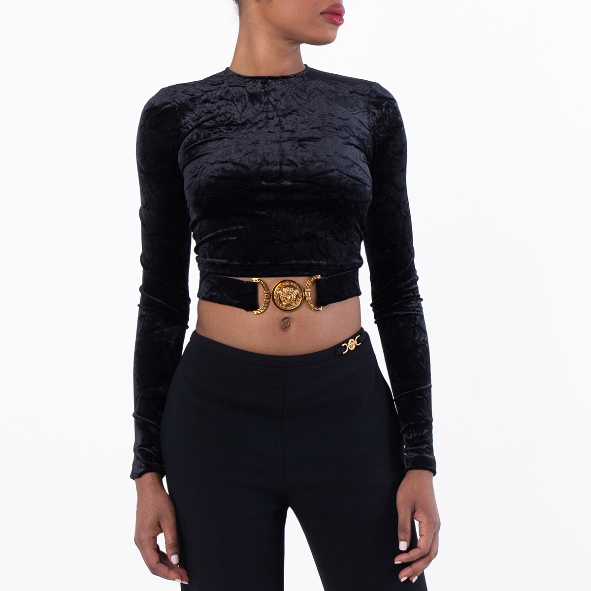 Versace Velvet Logo Plaque Crop Top, Brand Size 38 ( US Size 2
