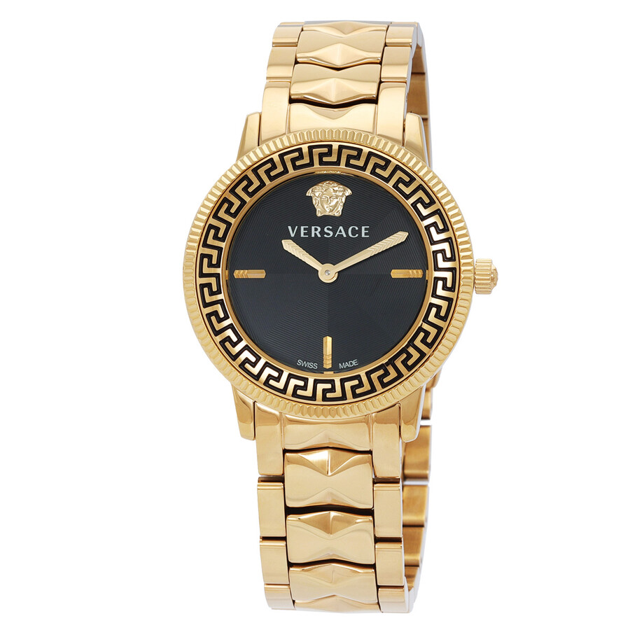 Shop Versace V-tribute Quartz Black Guilloche Dial Ladies Watch Ve2p00622 In Yellow/gold Tone/black