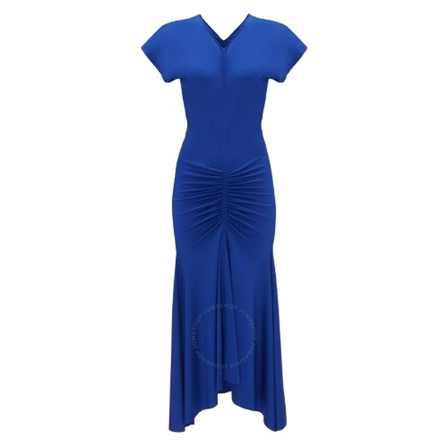 Victoria Beckham V-neck Ruched Asymmetric Jersey Midi Dress In Blue