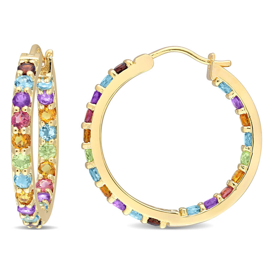 Amour 2 3/4 Ct Tgw Multi-color Gemstone Hoop Earrings In Yellow Plated Sterling Silver In Yellow