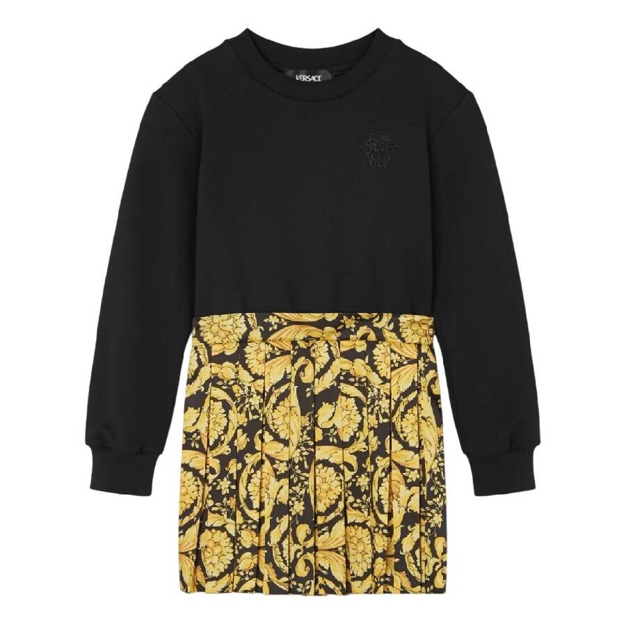 Barocco Logo Print Pleated Dress, Size 6Y