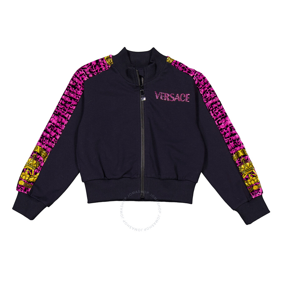 Young Versace Girls Barocco Logo Zip-up Sweatshirt In Black