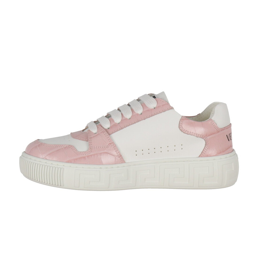 Young Versace Girls Grecca Detail Leather Sneakers In White