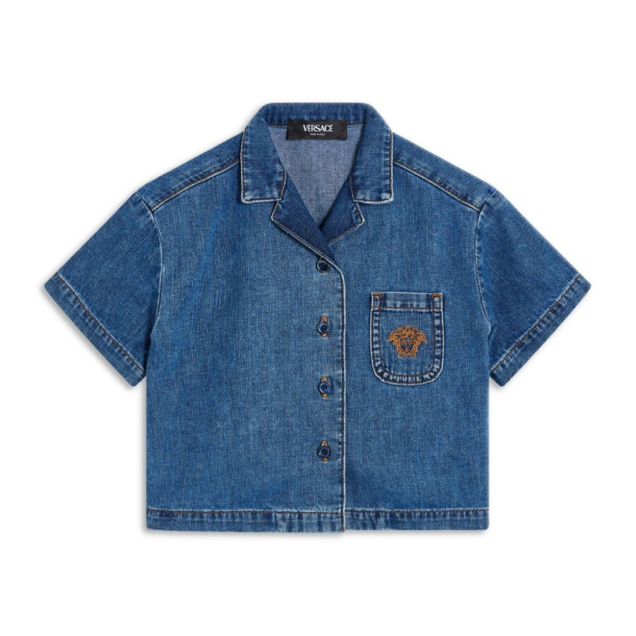 Medusa Head-Motif Camp-Collar Denim Shirt