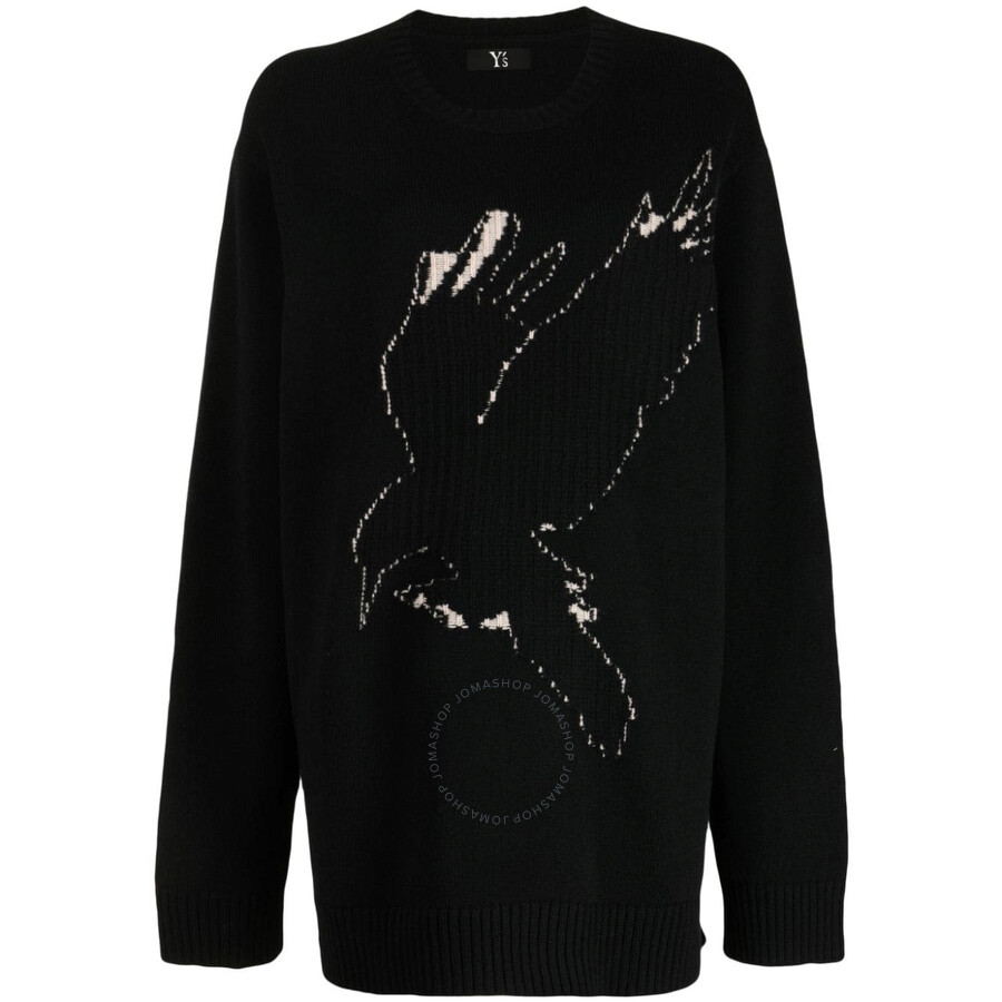 Y's Ys Black Wool Crow Motif Long-sleeved Pullover In Black