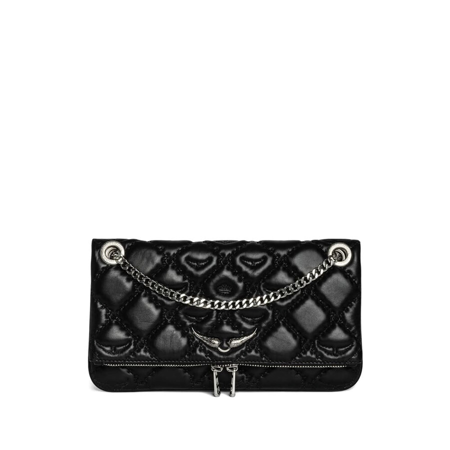 Zadig & Voltaire Rock Ii Diamond Quilted Monogram Leather Crossbody Bag In Black