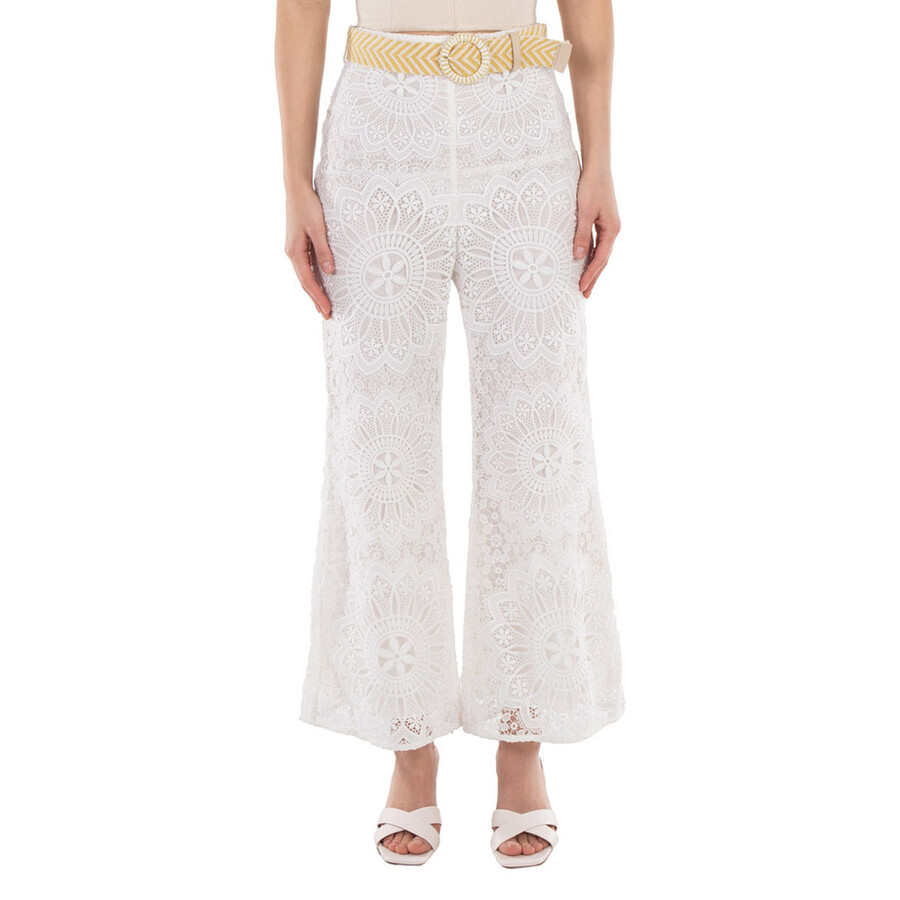 Zimmermann Carnaby Scallop Broderie Anglaise Linen Flared Pants In White