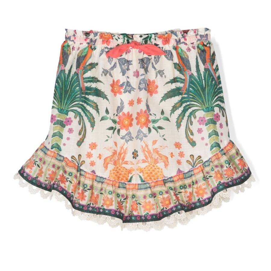 Cream Tropical Tropical-Print Cotton Skirt