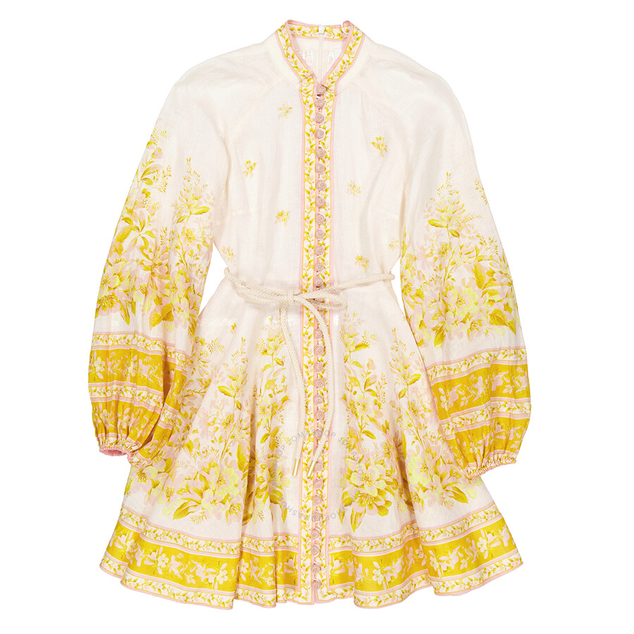 Zimmermann Floral-print Linen Mini Dress In Pink/gold Tone