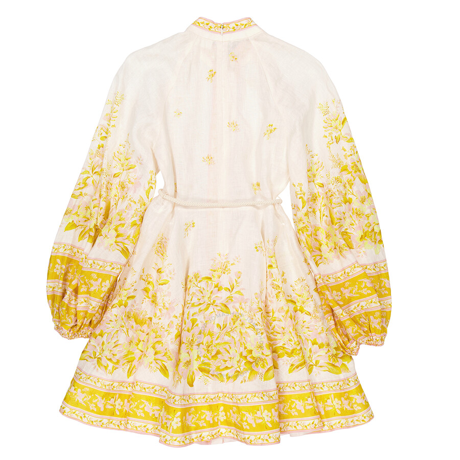Zimmermann Floral-print Linen Mini Dress In Pink/gold Tone