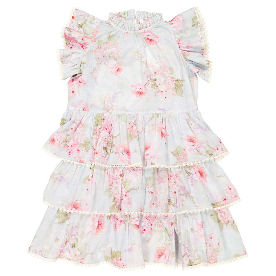 Zimmermann Girls Watercolour Floral Halliday Frill Swing Dress In Blue