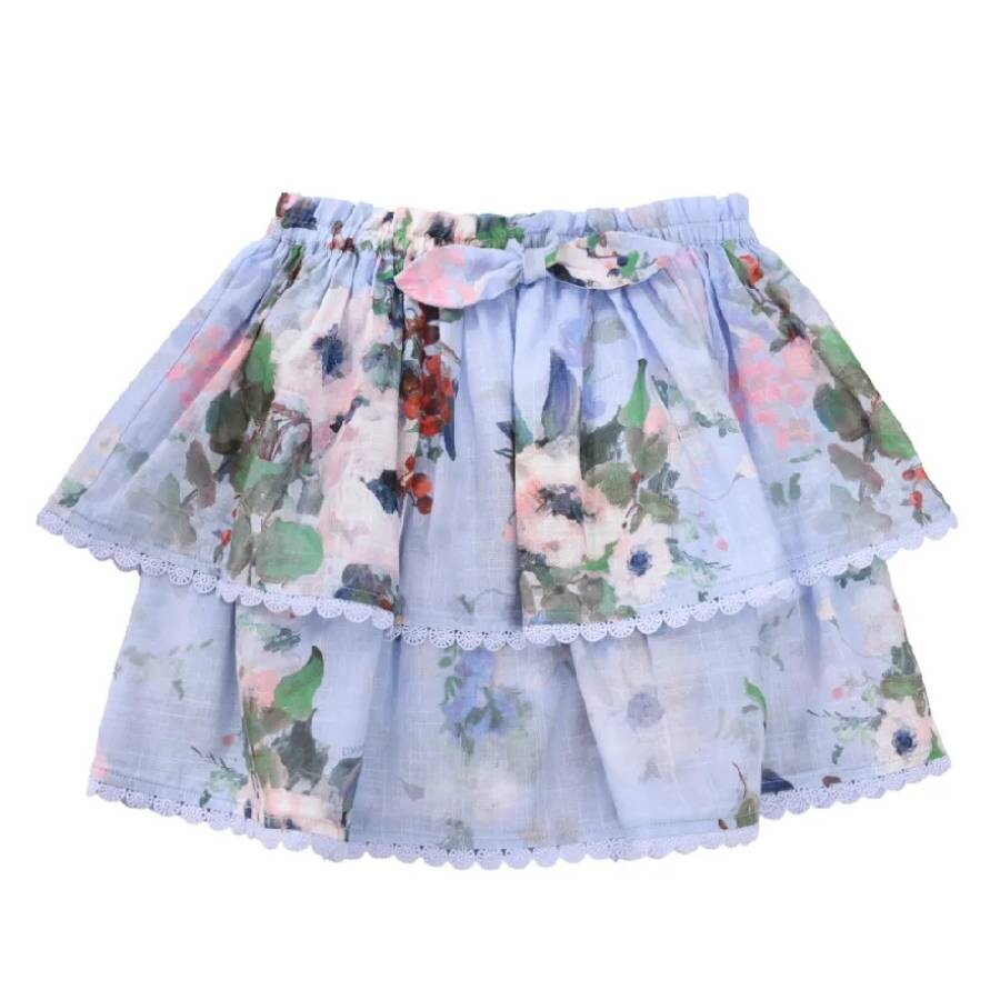 Zimmermann Kids Everley Floral-print Tiered Skirt In Blue
