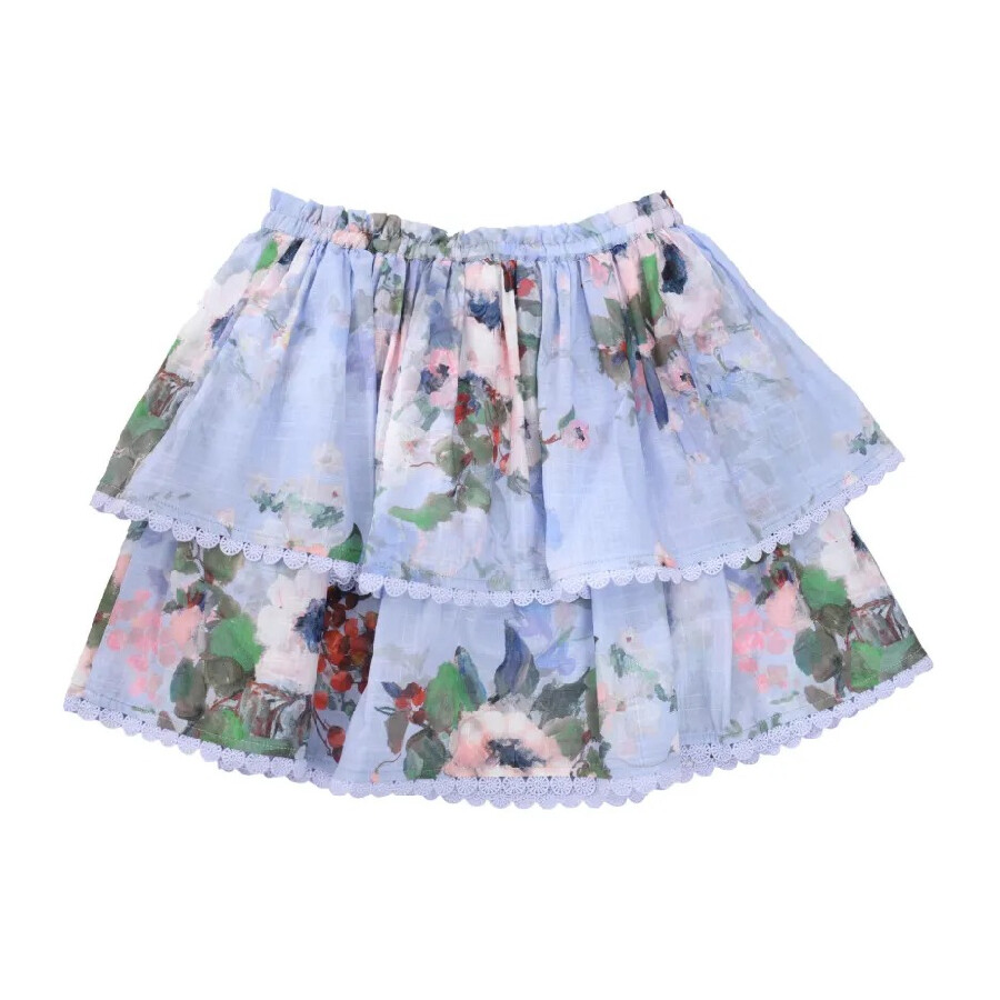 Zimmermann Kids Everley Floral-print Tiered Skirt In Blue